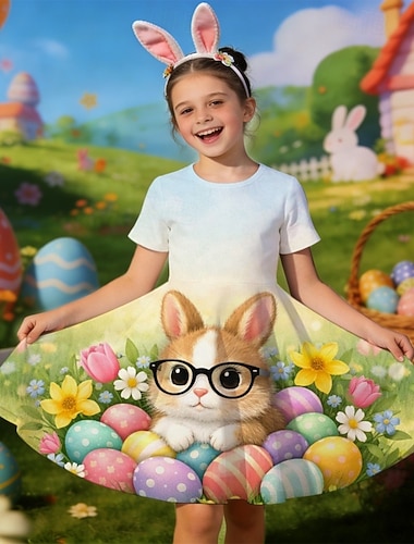  Ostern Mädchen' 3D Grafik Kaninchen Kleid Kurzarm 3D-Druck Sommer Frühling Täglich Urlaub Party Niedlich Basic Lässig Kinder 4-12 Jahre Freizeitkleid A Linie Kleid Knielang Normale Passform