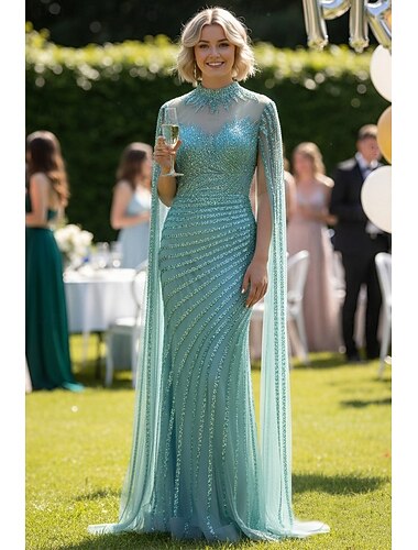  Sirena Tromba Strascico a Terra Perline ricamate Abito da invitata a nozze Abito Formale Abito da Sera Elegante Scintillante Stile Celebrità Senza Maniche Girocollo Festa serale Matrimonio Shiena