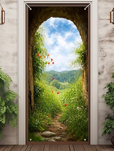  Habillage de porte orné d'un chemin de jardin paisible, illusion d'optique 3D, impression 2D à plat pour une ambiance chaleureuse.