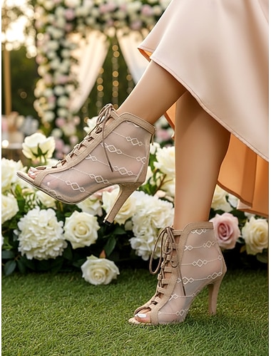  Dames enkellaarsjes met vetersluiting en open neus, met mesh details – elegante hoge hakken voor tuinbruiloften, speciale gelegenheden en bruidsmeisjeskleding, comfortabel en stijlvol design.