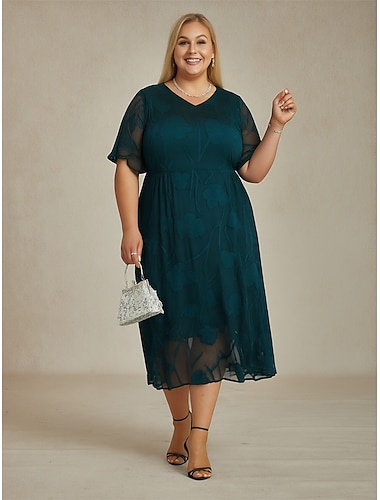  Dámské Midi šaty Šifonové šaty Áčkové šaty Elegantní Volné rukávy Denní Svatební host Krajka Běžný Květinový Krátký rukáv Do V Trávová zelená