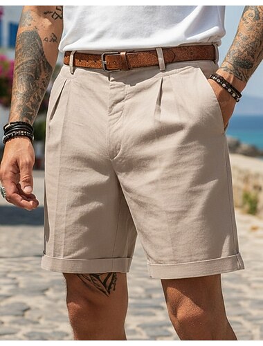  Herren Shorts Leinenshorts Schicke Shorts Sommershorts Plissee-Shorts Elastischer Bund Gerader Schnitt Einfach Einheitliche Farbe Komfort Atmungsaktiv Knielang Täglich Outdoor Streetwear Mode