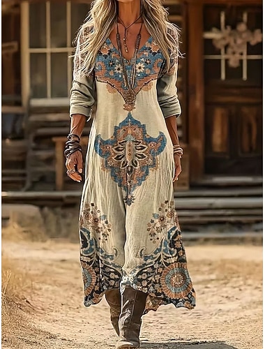  Damen Midi-Kleid Boho A-Linien Kleid Party Lässig Date Reguläre Passform Graphic Paisley Langarm V-Ausschnitt Blau Khaki Sommer Frühling