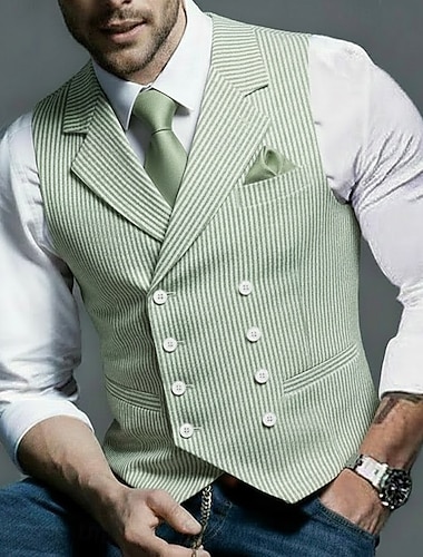  Herren Weste Seersucker Weste Weste Vintage Mode Frühling  Sommer Knöpfe Strand Hochzeit Bequem Streifen Doppelt Knopf Notch Kragen Regulär Fit Salbei Rosa Himmelblau Weste