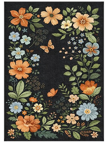  tappeto floreale con sfondo nero e vivaci fiori colorati e farfalle, elegante tappeto decorativo ideale per soggiorno, camera da letto o arredamento per la casa