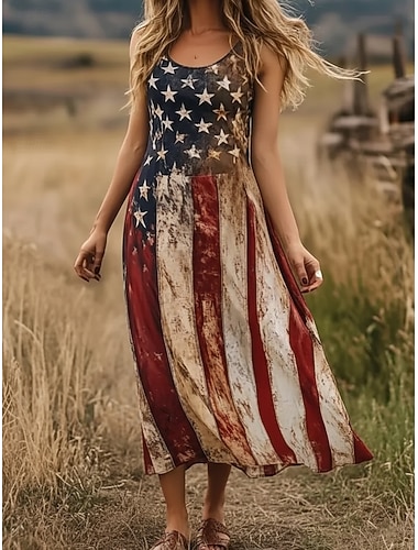 בגדי ריקוד נשים שמלת מקסי שמלת קז'ואל שמלת סליפ אופנתי בסיסי מודרני יומי בָּחוּץ חוף רגיל דגל אמריקה ללא שרוולים צווארון עגול קצר אודם קיץ אביב