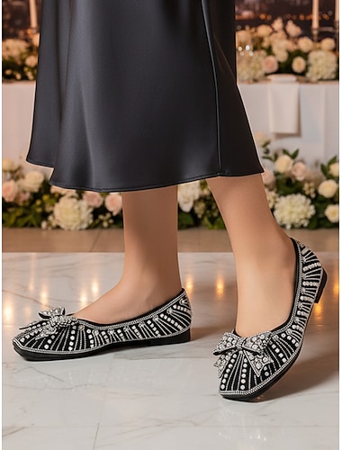 Svarte damesko med sløyfe og strass, elegante komfortsko til brudens mor i bryllup i byen