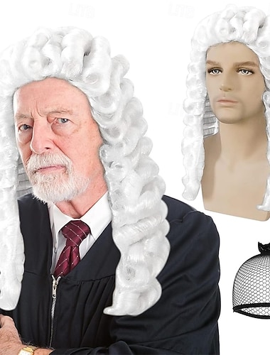  Perruque de juge blanche pour hommes costumes de plaideurs cosplay perruques coloniales pour hommes