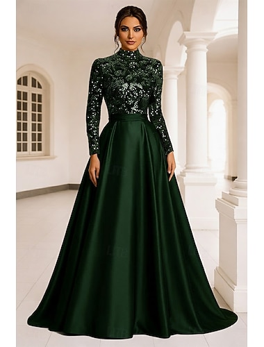  A-linje Gulvlengde Perlebrodert Formell kjole Kjole til brudens mor Kveldskjoler Ballkjole Formell kjole Elegant Årgang Glitrende Langermet Høyhalset Bryllup Formell Lomme Sateng Fløyel med Glimmer