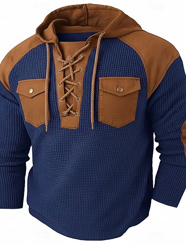  Herren Waffel T-Shirt T Shirt Waffel-Henley-Hemd Herrenhemden mit Ellbogenflicken Langarm Mit Kapuze Schnürhals Herbst Winter Frühling & Herbst Einfarbig Traditionell / Vintage Lässig Kordelzug