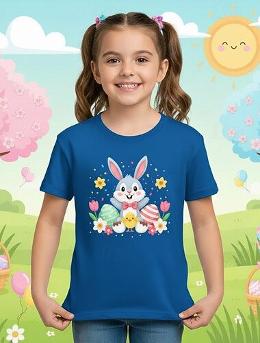  100% katoenen paas T-shirt voor meisjes, blauw, zwart en wit, met grafische print van een konijn, ronde hals, korte mouwen, vakantie- en sportthema. &Outdoor, dagelijkse kleding, actieve mode, casual,