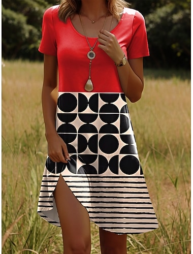  Damen Minikleid T-Shirt-Kleid A Linie Kleid Sommerkleid Lässig Täglich Normale Passform Grafik Geometrisch Kurzarm Rundhalsausschnitt Rote Sommer Frühling