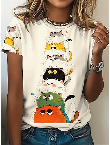  Dame T skjorte Trykt mønster Grafisk Dyr Årgang Stilfull Klassisk Kortermet Crew-hals Rund hals Vanlige topper Daglig Helg Hvit / Svart Svart Hvit Sommer Vår Høst Vinter