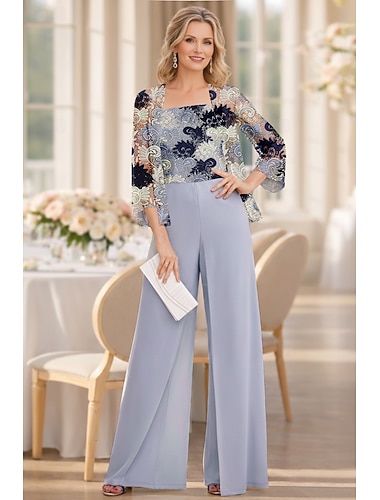  Tuta Completo Pantalone Lunghezza al pavimento Abito da cerimonia per signora Manica 3/4 Collo quadrato Elegante Semplice Minimalista Formale Ospite di nozze Chiffon Pizzo con Ricamo