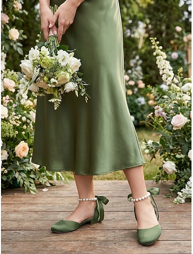  נעליים שטוחות עם רצועת קרסול בצבע ירוק מרווה לנשים, נעלי שושבינה אלגנטיות לחתונות גן חיצוני