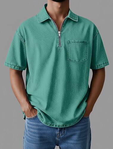  Hommes Polo à fermeture éclair T-shirt en coton Tenue quotidienne Date Zip quart Manche Courte Mode Basique Uni Fermeture éclair Avec Poches Printemps & Été Été Printemps Coupe régulière Noir Rose