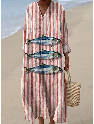  Femmes Robe maxi Robe fourreau Robe d'Été Vacances Occasionnel Plage Sortir Coupe Ample Graphique Géométrique Abstrait manche longue Col en V Blanche Rouge Été Printemps