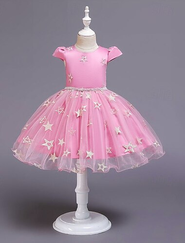  フラワーガールドレス 女の子 フォーマルドレス 結婚式の服装 パーティー 結婚式 フォーマル 愛らしい プリンセス パッチワーク メッシュ 星形 半袖 クルーネック ブラック ピンク 4年以上