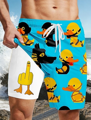  Herren Cartoon Ente Mittelfinger Gefütterte Shorts 2 in 1 Badeshorts Badeshorts Mittlere Taille Hawaiianisch Lustig Strandurlaub Seitentaschen Mit Kompressionsfutter Elastischer Kordelzug in der
