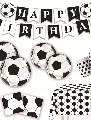  Weltfußballturnier Geburtstagspartybedarf Set Schwarz und Weiß Fußballball Partydekorationen Beinhaltet Banner Teller Becher Servietten  Tischdecke für Jungen Kinder Sportparty