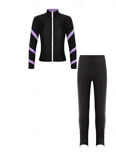  Kunstschaatsjas met broek voor dames en meisjes, ijsschaatsbroek/legging, outfit in zwart, blauw, fuchsia, fleece, spandex, rekbaar, trainings-, oefen- en wedstrijdschaatskleding, thermisch, warm.