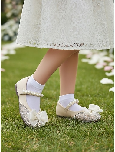  Barnesko med perlebånd og sløyfe til blomsterpiker med strass-tå, elegante prinsessesko til små jenter i kunstskinn, komfortable brudesko med lav hæl, perfekte for blomsterpiker
