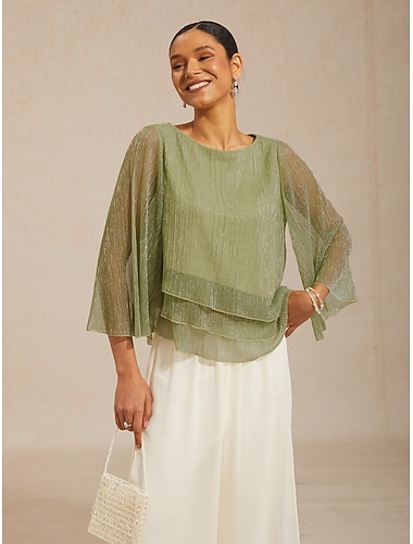  Mulheres Tops de chiffon Pregueado Multi Camadas Metálico Elegante Manga 3/4 Gola Redonda Tops regulares Convidado do casamento Verde Claro Verão Primavera Outono