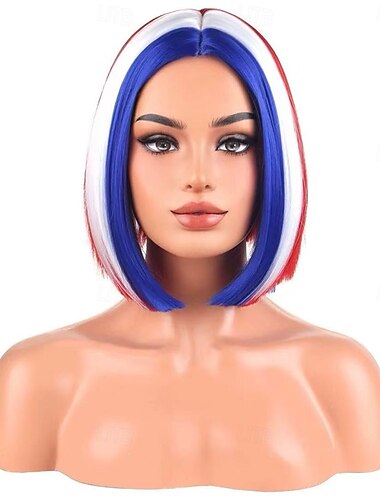  Perruques rouges bleues et blanches pour femmes et filles perruque courte droite de 4 juillet perruque à milieu de tête synthétique résistante à la chaleur costume de fête pour l'Indépendance