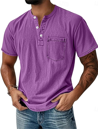  Homme Chemise Henley Chemise 100% coton délavée à l'acide T-shirt Manche Courte Rétro Vintage Occasionnel Affligé Le style rétro Lavé Henley Occasionnel Été Printemps Automne Noir Vert Claire Rose
