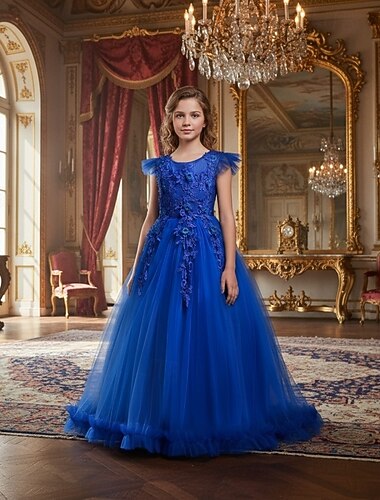  Bloemenmeisjesjurk Voor meisjes Formele kleding Trouwkleding Feest Bruiloft Formeel Modieus Prinses Mooi Netstof Effen Kleur Mouwloos Strakke ronde hals blauw Geel 4 jaar +