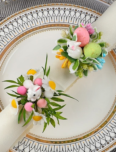  6 szt. obrączek na serwetki z motywem wielkanocnego króliczka, wiosenne kwiatowe serwetki z motywem króliczka, nakrapianymi jajkami i stokrotkami, dekoracja stołu w stylu rustykalnym na wielkanocne przyjęcie, zielone obrączki na serwetki