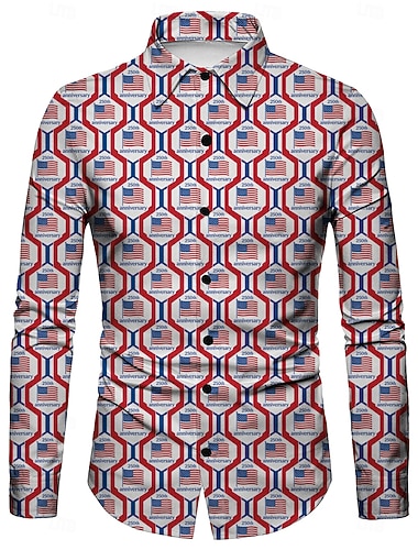  250-årsjubileum i USA Retro / vintage 1970erne قميص Aloha skjorte Lange Ermer Hippie Geometrisk Etnisk Kostyme Herre Maskerade 4. juli Fest Uavhengighetsdagen Voksne Trøye