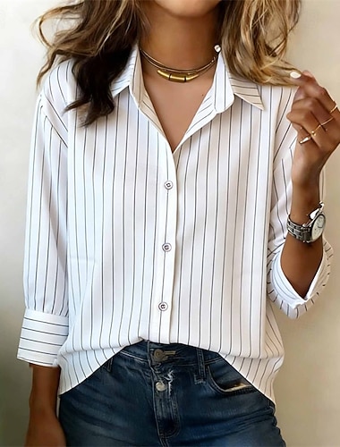  Damen Hemd Bluse Elegante Oberteile Gerafft Patchwork Knöpfe Einfach Gestreift Elegant Vintage Damen Dreiviertelarm Hemdkragen Normale Oberteile Täglich Arbeit Ferien Blau Weiß Sommer Frühling