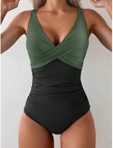  Damen Badeanzug Einteiler Monokini Slips Bademode Bauchkontrolle Hohe Taille Schlank Rückenfrei Elegant Urlaub Ombre Grafik V Ausschnitt Ärmellos Badeanzüge