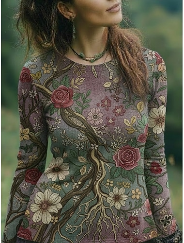  Dámské Boho košile Tričko Tisk Květinový Grafika Čechy Vinobraní Na běžné nošení Dlouhý rukáv Tričkový Běžné topy Denní Víkend Oblečení na dovolenou Trávová zelená Léto Jaro Podzim