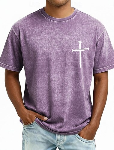  Heren Bijbel Kruis T-shirt Korte Mouwen T-shirt Acid Wash Crew Neck Shirt Vintage Retro Casual Strand Reizen Blauw Paars Grijs Zomer Lente Kleding
