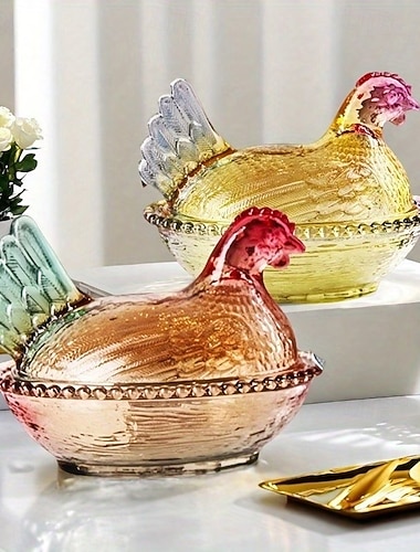  Plato de cristal vintage con forma de gallina en nido, mantequera con tapa, gran cuenco para dulces con forma de gallo con pedestal y tarro de cristal para aperitivos, decoración de mesa estilo granja con nido de gallina, ideal para aperitivos, postres y
