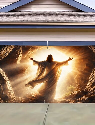  Oster-Garagenüberdachung mit Auferstehungsszene und Jesus in der Grabhöhle, christliche Dekoration mit strahlendem Licht, perfekt für Feierlichkeiten im Freien und die Karwoche.