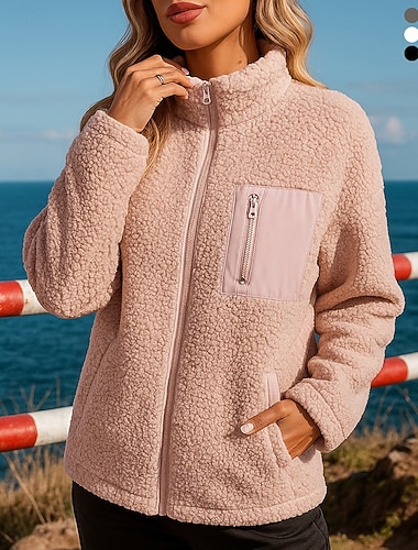  Mulheres Cor Sólida Recreação ao ar livre Coatv Casaco de inverno Jaqueta Polar Soft Fleece Outono/Inverno Bolsos Zip Completo Manga Longa Roupa Esportiva A Prova de Vento Quente Leve Equitação