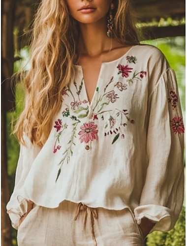  Damen Hemd Boho-Hemd Bluse Druck Blumen Grafik Vintage Täglich Stilvoll Langarm V Ausschnitt Normale Oberteile Täglich Ferien Beige Sommer Frühling