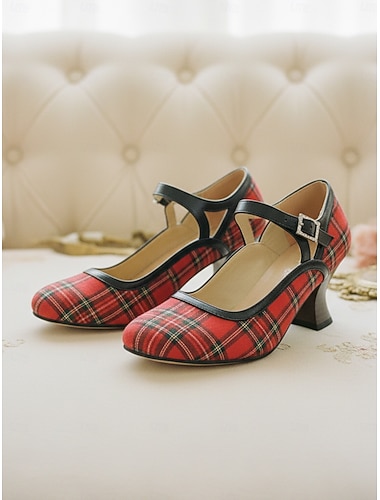  décolleté Mary Jane da donna a quadri rossi con rifiniture nere – scarpe vintage anni '50 con punta tonda e tacco a blocco per feste retrò, abbigliamento quotidiano da ufficio &signore eleganti