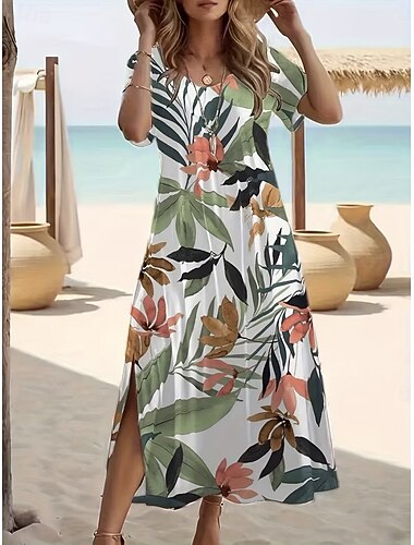  Femmes Robe maxi Robe T-Shirt Robe trapèze Robe d'été Vacances Occasionnel Plage Sortir Coupe régulière Fleuri Graphique Manche Courte Col Rond Vert Été Printemps