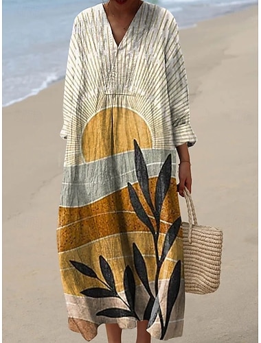  Femmes Robe maxi Robe fourreau Robe d'Été Vacances Occasionnel Plage Sortir Coupe Ample Graphique Géométrique Abstrait manche longue Col en V Bleu Jaune clair Blanc Ecru Beige Été Printemps