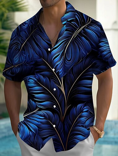  Herren Farbverlauf Palmblatt Tropische Pflanzen Sommer Hawaiihemd Knopfhemd Alohahemd Kurzarm Hawaiianisch Lässig Urlaub Sommer Frühling Umlegekragen 3D-Druck Hemden mit Kragen Eine Tasche vorne Blau