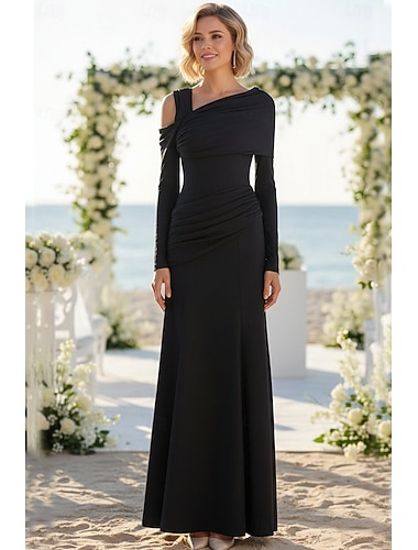  Linjeform Gulvlengde Festkjole Gjestekjole til bryllup Aftenkjole Gjestekjoler til bryllup Elegant Daglig Langermet Enskuldret Formell med Bølgemønster