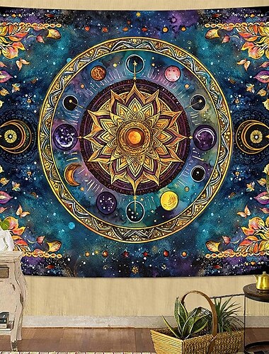  tapeçaria de parede mandala celestial com sol, zodíaco, planetas, fases da lua, galáxia, céu estrelado, decoração boho para quarto, grande painel de arte em tecido.