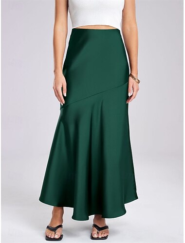  Damen Satinröcke Elegant Vintage Mode Lässig Maxi Hohe Taille Röcke Einfach Gerafft Patchwork Dehnbar Täglich Büro / Karriere Schwarz Champagner Braun Militßrgrün Sommer Spandex Satin