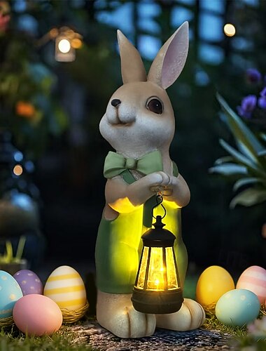  Lanterna solar realista de coelho da Páscoa, à prova d'água, para uso externo, com orelhas compridas. Estatueta de resina com luzes decorativas para jardim, quintal, caminho e gramado. Ideal para