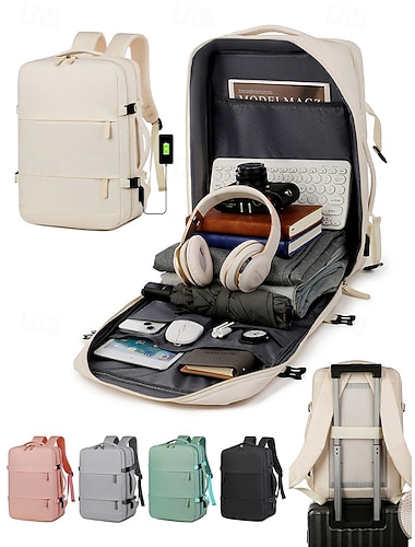  Mochila de viagem unissex em nylon, com grande capacidade e várias cores, porta USB para carregamento e alça para encaixe em malas de viagem. Estilo minimalista moderno, ideal para trabalho, viagens a negócios, lazer e deslocamentos diários.