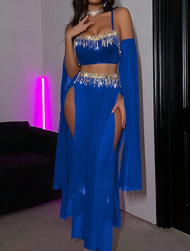  Conjunto de disfraz de danza del vientre con flecos de lentejuelas de Samba Dancewear disfraz de actuación